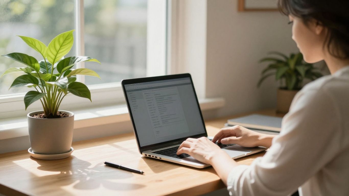 Person working on laptop at home, earning money.