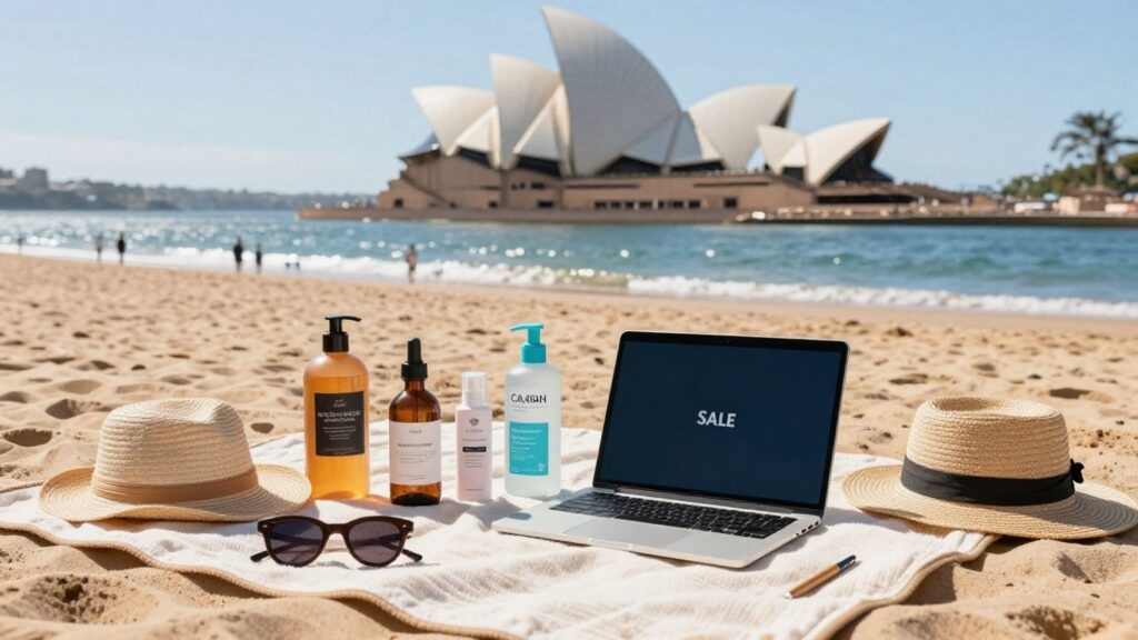 Australian beach with products for online selling.