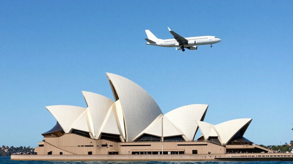 Sydney Opera House, Harbour Bridge, and airplane flying.