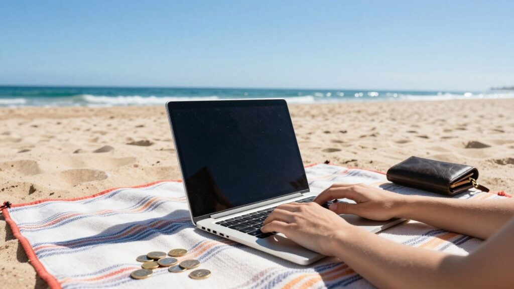 Australian beach with laptop, making money online.