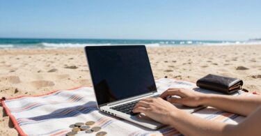 Australian beach with laptop, making money online.