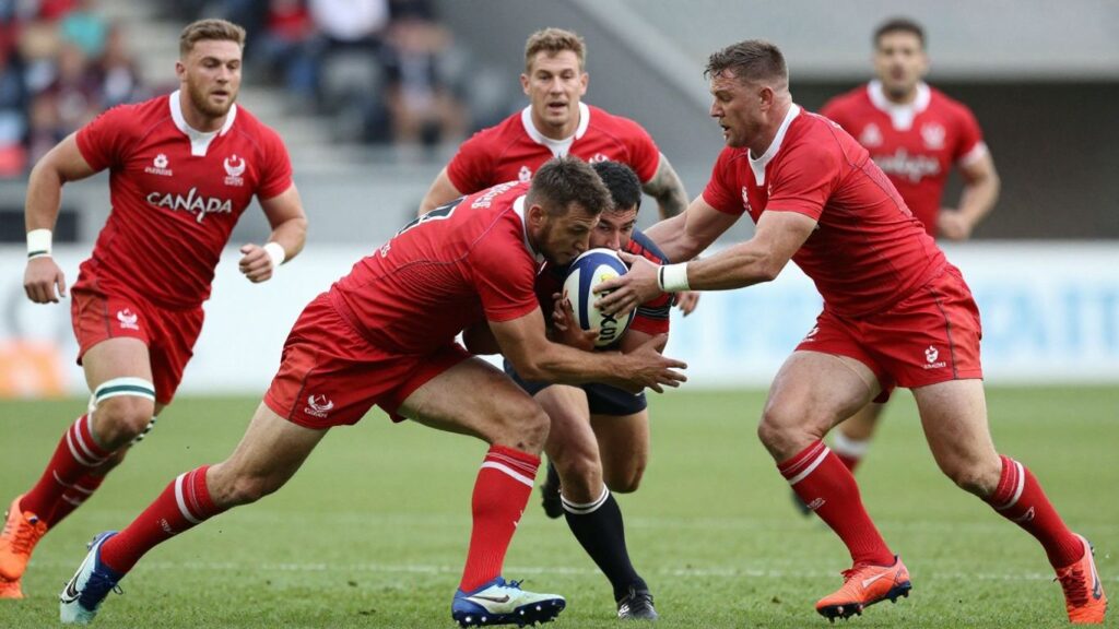 Canada Rugby League players in action on the field.