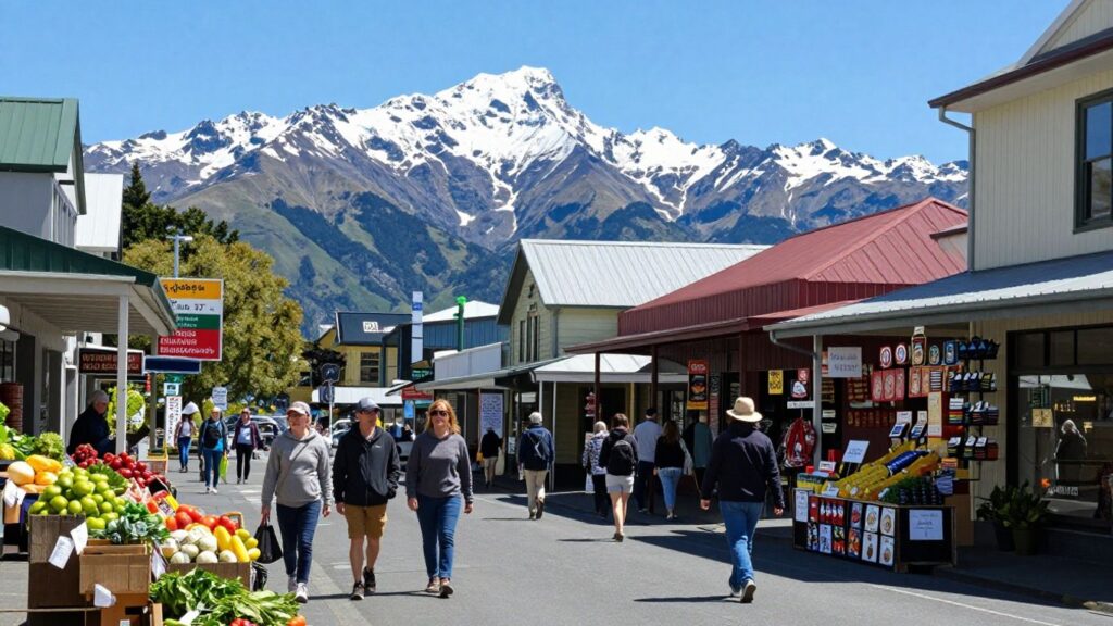 New Zealand street with shops, people, and mountains.