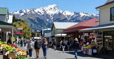 New Zealand street with shops, people, and mountains.