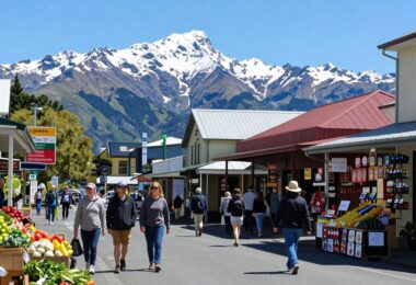 New Zealand street with shops, people, and mountains.