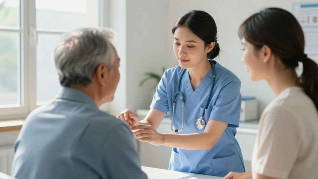 Nurse caring for patient in modern Australian healthcare setting.