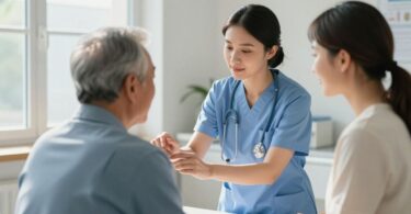 Nurse caring for patient in modern Australian healthcare setting.