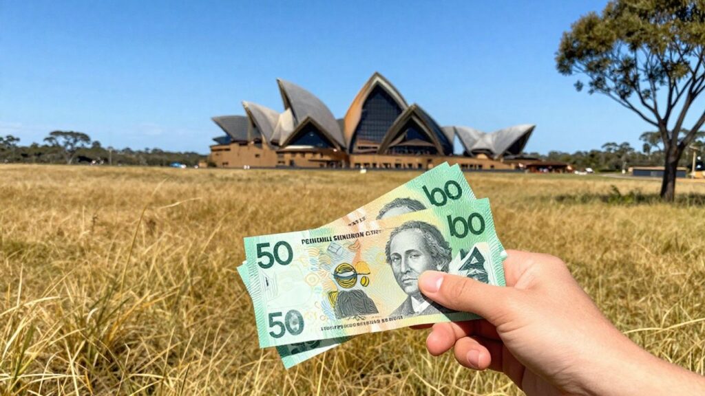 Australian dollars in hand with iconic landmarks.