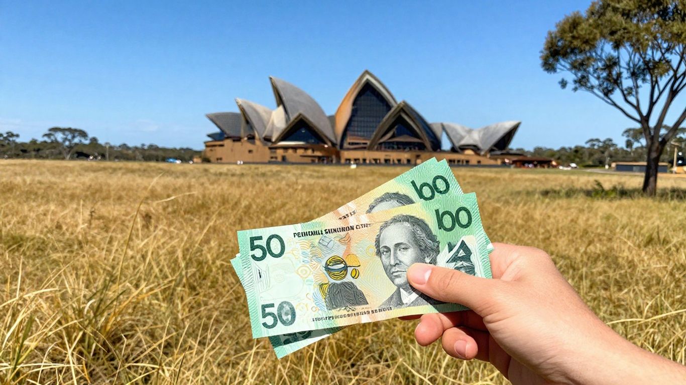 Australian dollars in hand with iconic landmarks.