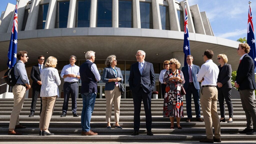 Australians outside a government building with flag and sunlight