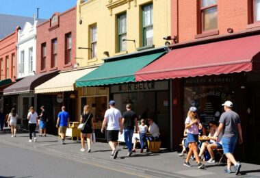 Melbourne street with small businesses and people walking.