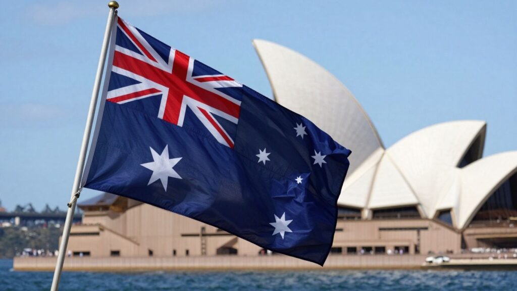 Australian flag with Sydney skyline in background.
