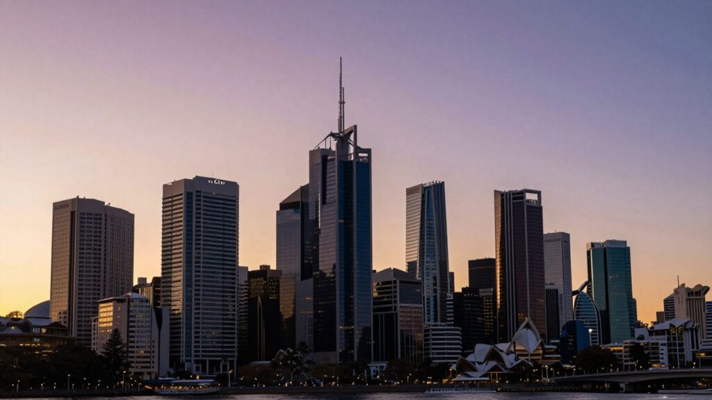 Australian skyline at sunset, hinting at wealth.