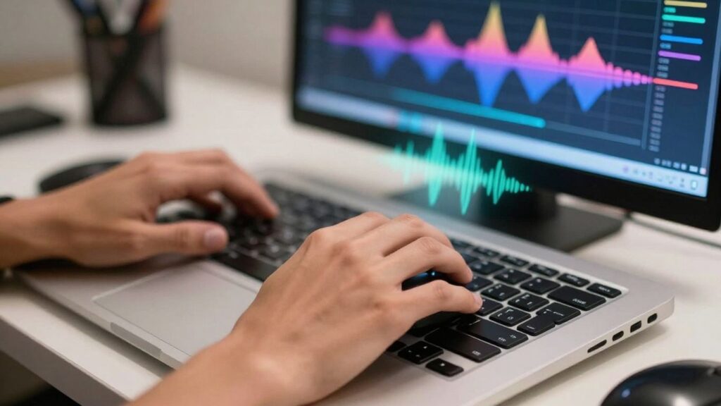 Hands creating music on a computer.