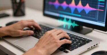 Hands creating music on a computer.