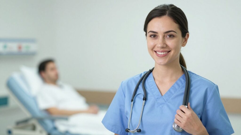 Nurse in scrubs, smiling, stethoscope, hospital background, career opportunity.