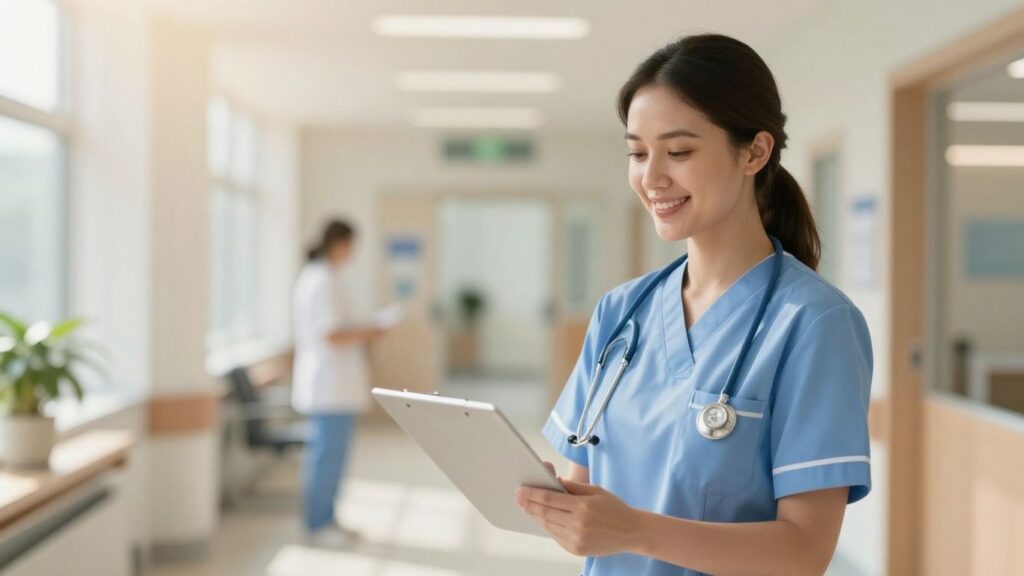 NHS mental health nurse smiling in a hospital corridor.