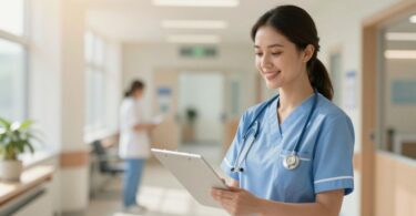 NHS mental health nurse smiling in a hospital corridor.