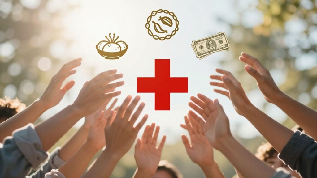 Hands reaching for food, cash, and medical aid icons.
