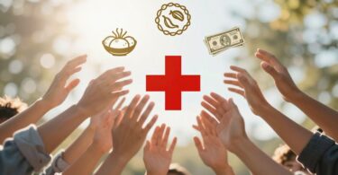 Hands reaching for food, cash, and medical aid icons.