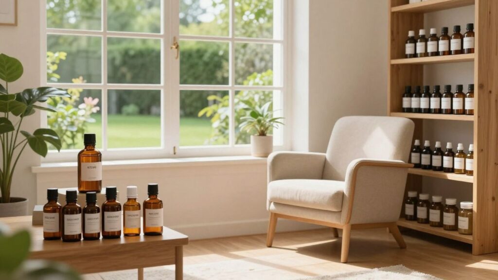 Homeopathy clinic interior with natural remedies and garden view.