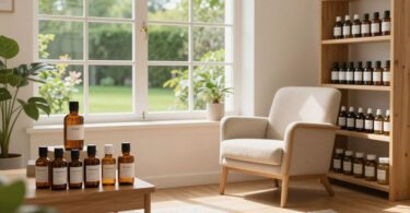 Homeopathy clinic interior with natural remedies and garden view.