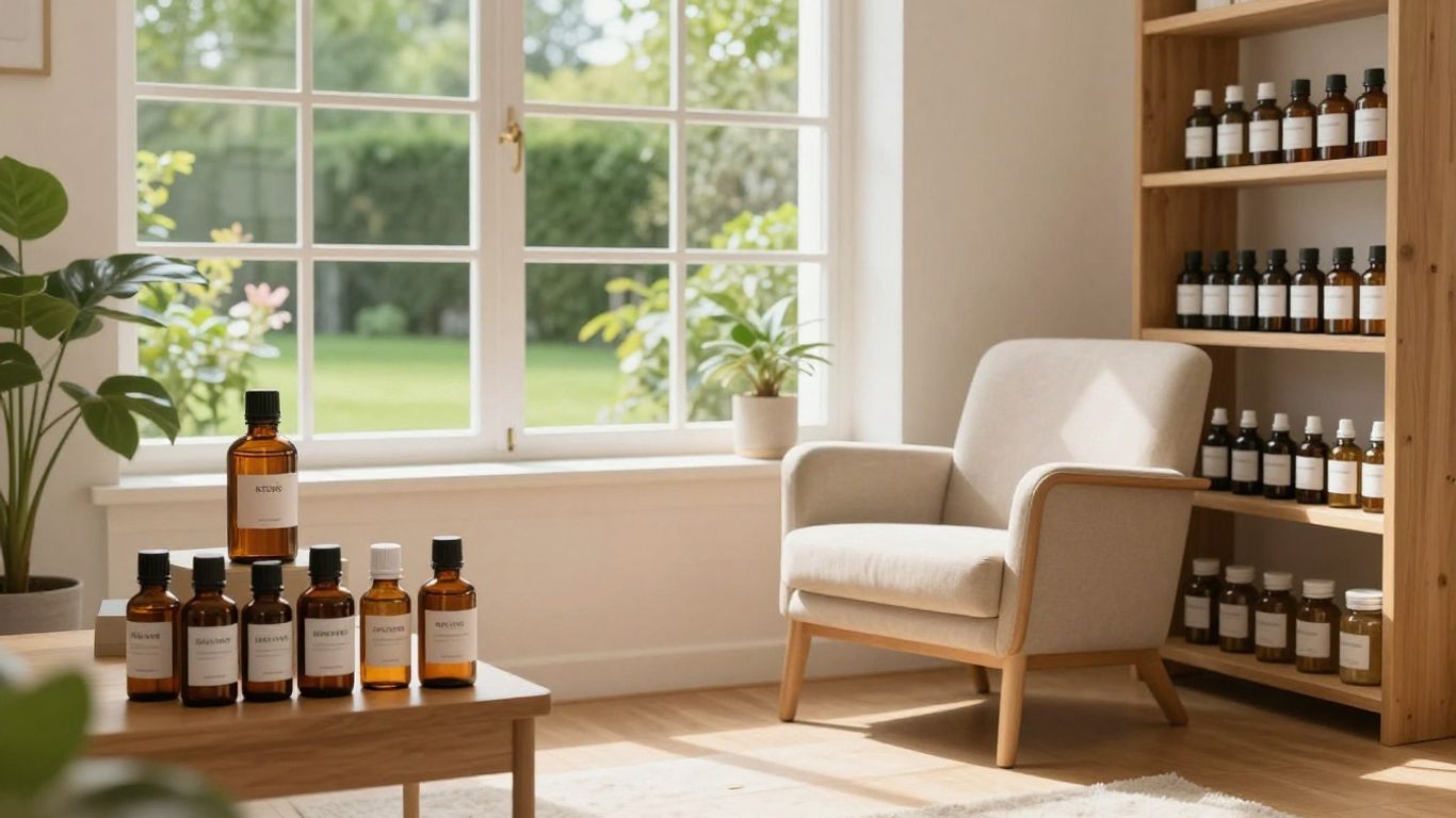 Homeopathy clinic interior with natural remedies and garden view.