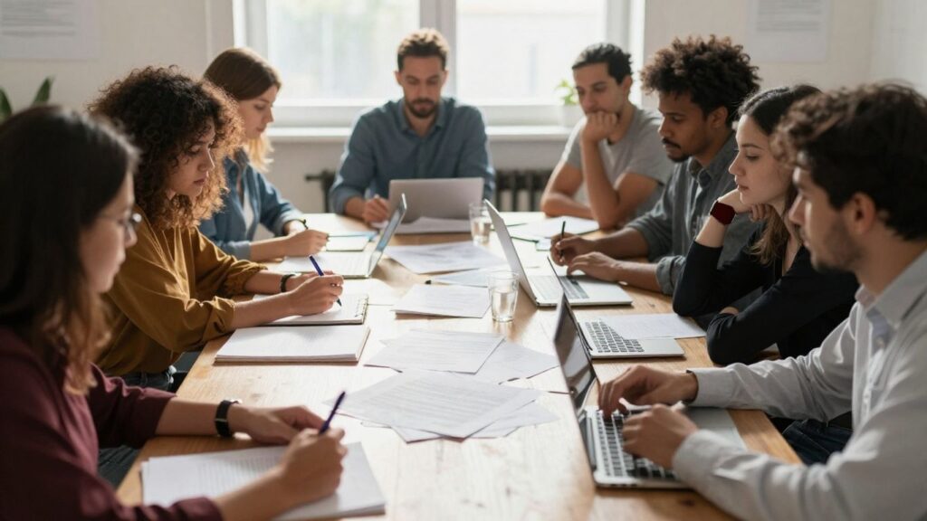 Sports club meeting with diverse members discussing agenda.