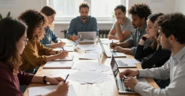 Sports club meeting with diverse members discussing agenda.