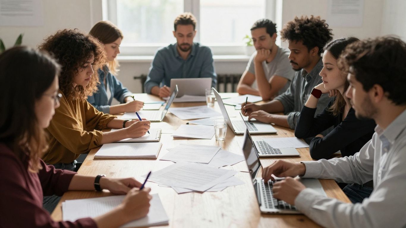 Sports club meeting with diverse members discussing agenda.