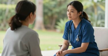 Mental health nurse supporting a patient in Australia.