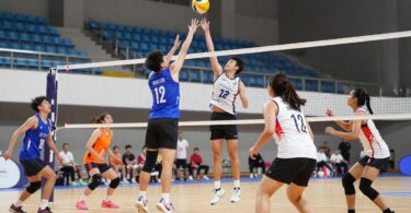 Netball players in action on a sunny court.