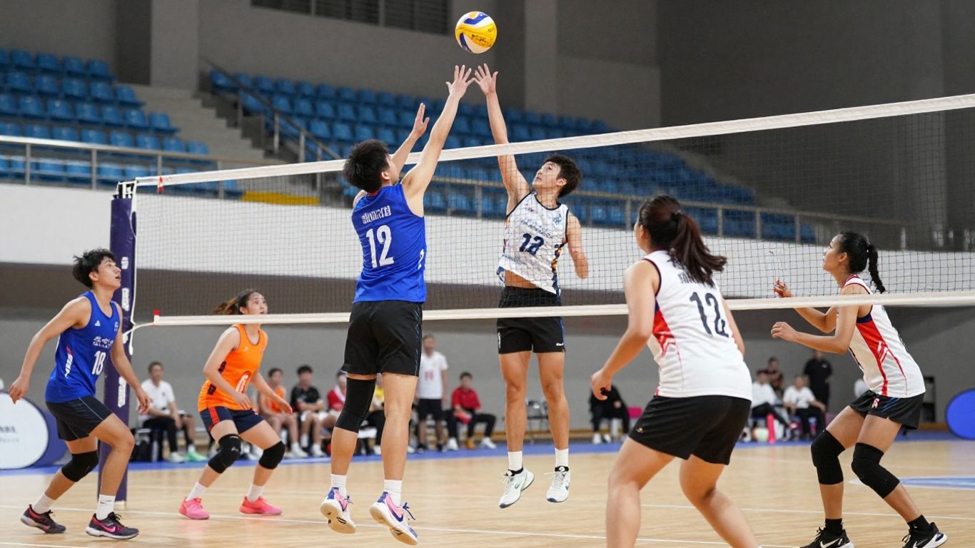 Netball players in action on a sunny court.
