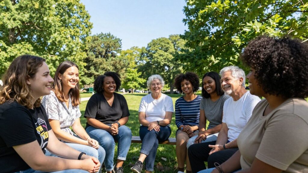 People connecting in a park, Crohn's support Australia.