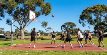 Basketball game on a grassy hill in Australia.