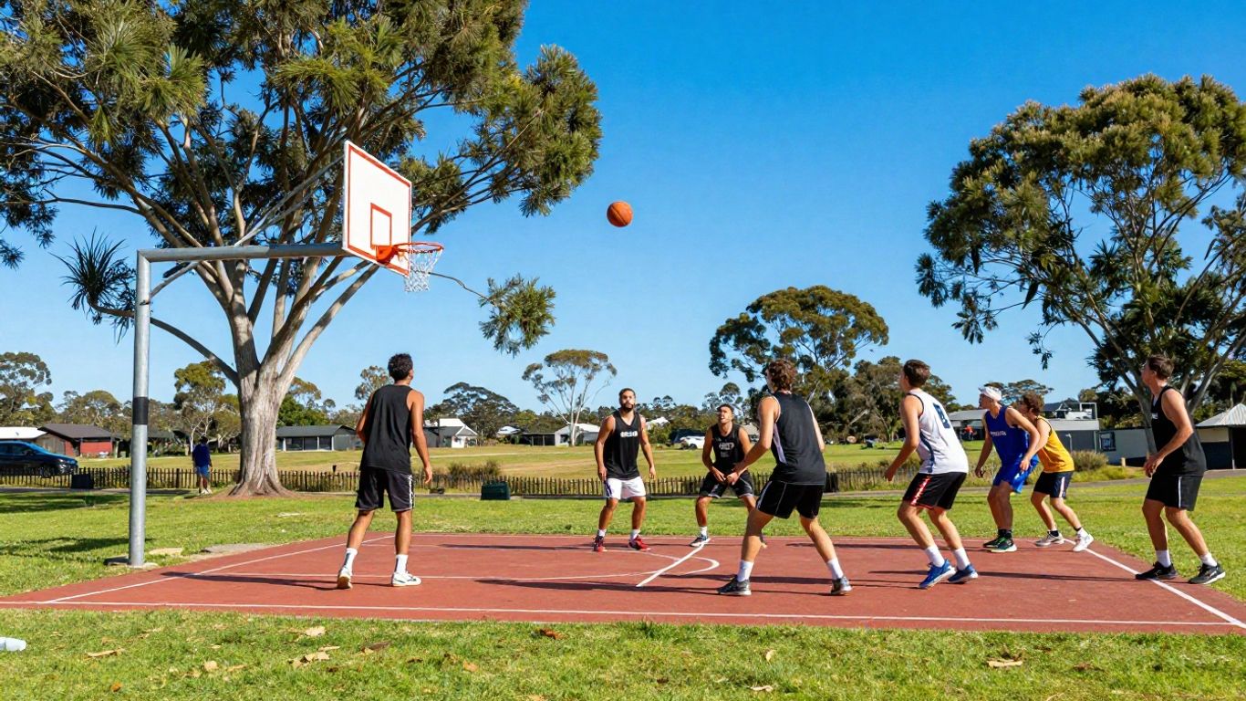 Basketball game on a grassy hill in Australia.
