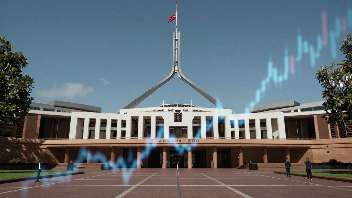 Australian Parliament House with grant opportunity graphics