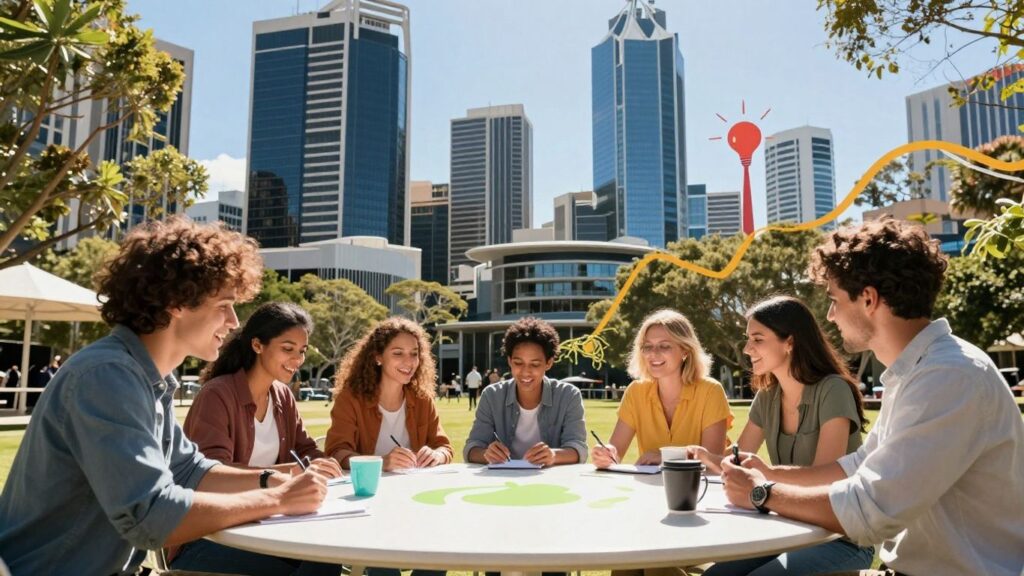 Australian entrepreneurs collaborating in a modern city.