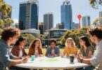 Australian entrepreneurs collaborating in a modern city.