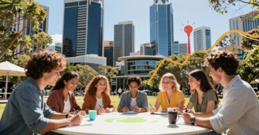 Australian entrepreneurs collaborating in a modern city.