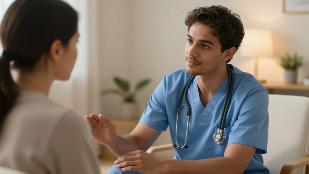 Nurse offering support and listening to a patient.
