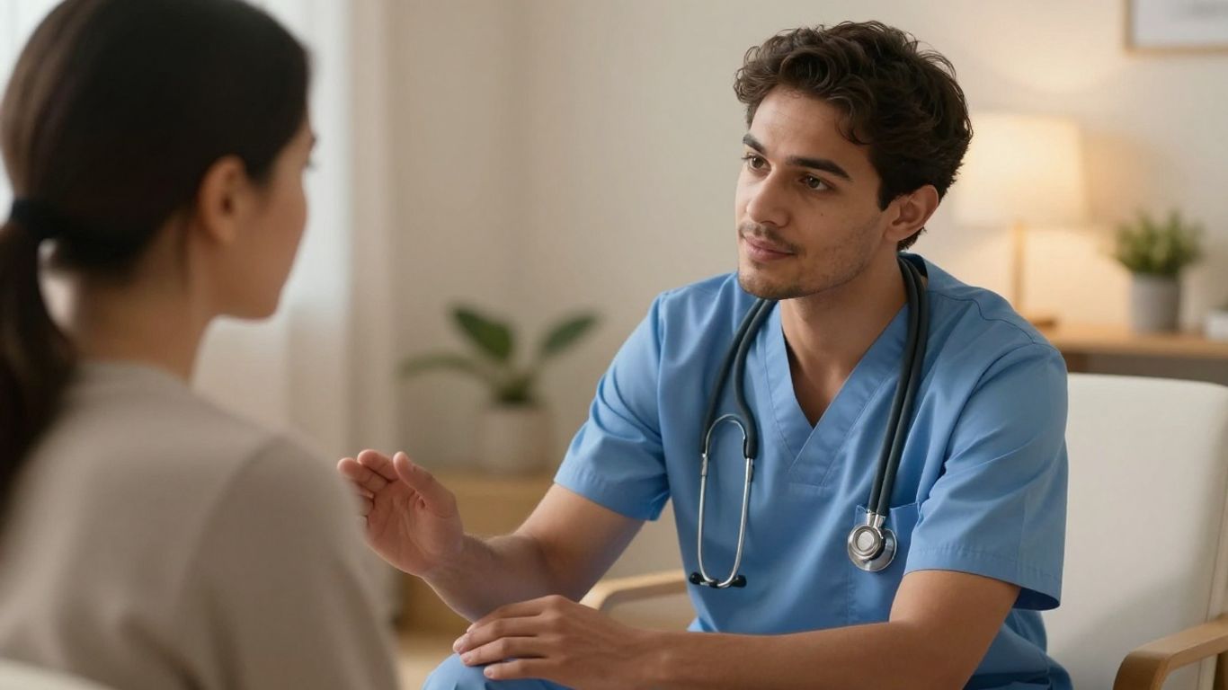 Nurse offering support and listening to a patient.