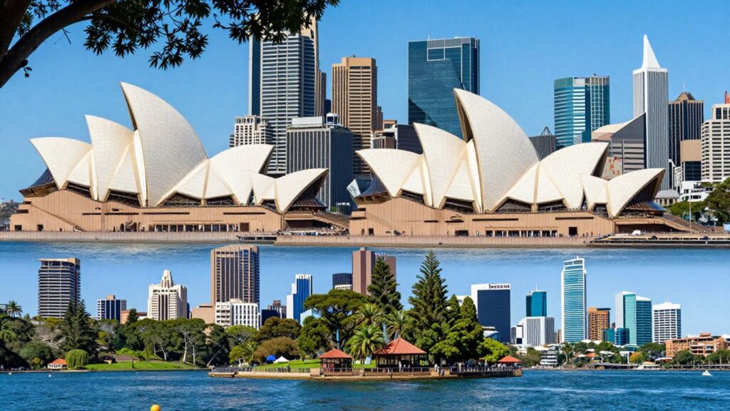 Iconic Australian city skylines and landmarks.