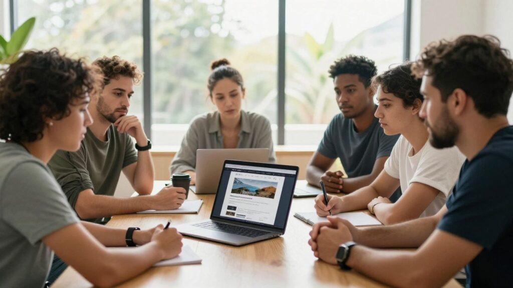 Australians reviewing startup website on laptop.