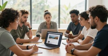 Australians reviewing startup website on laptop.