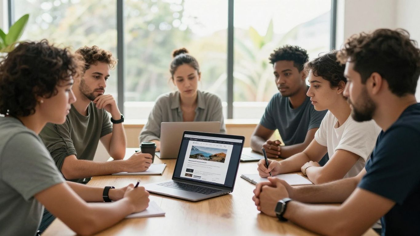 Australians reviewing startup website on laptop.