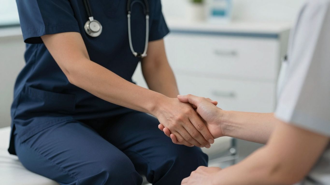 Mental health nurse in Australia offering comfort to a patient.
