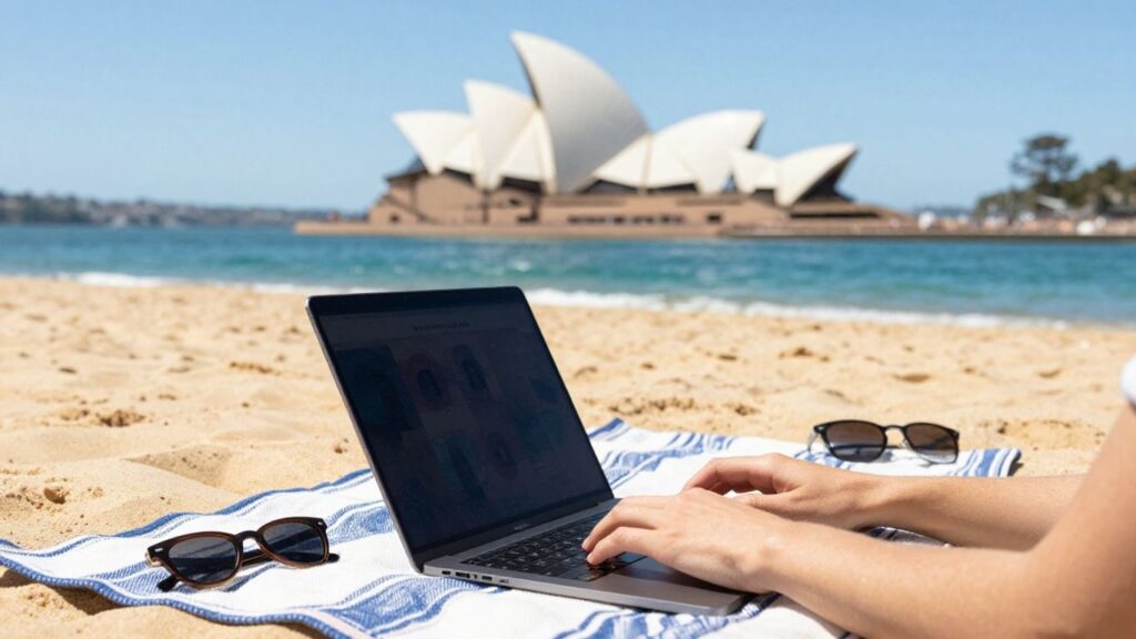 Person earning money online on Australian beach.