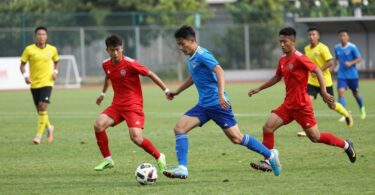 Soccer players in action on a green field.