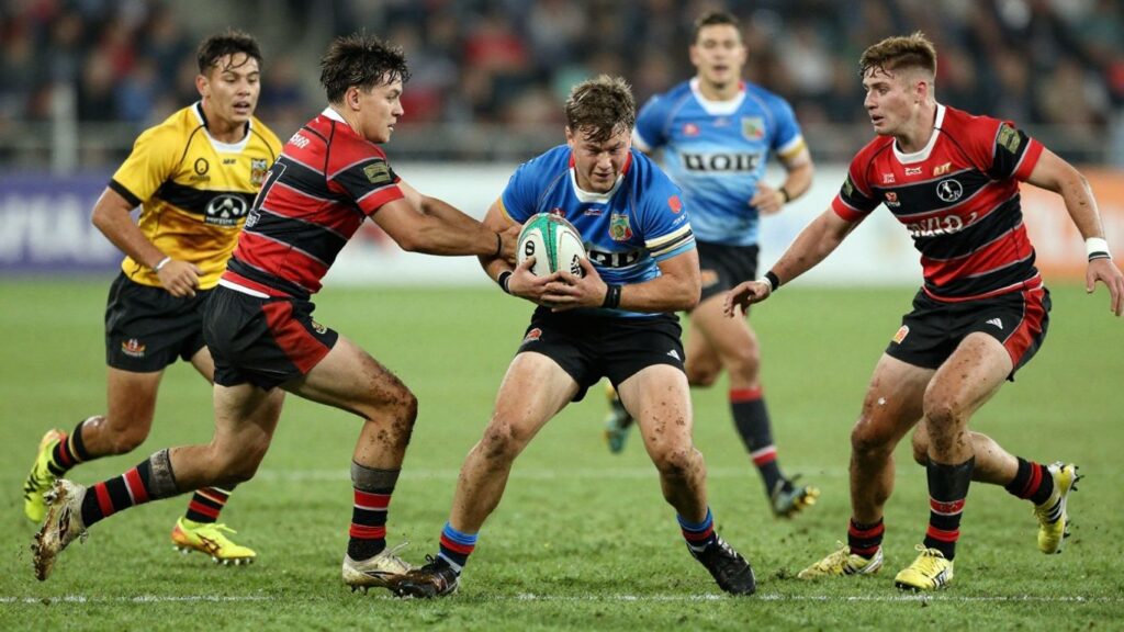 Junior rugby league players in action on a muddy field.